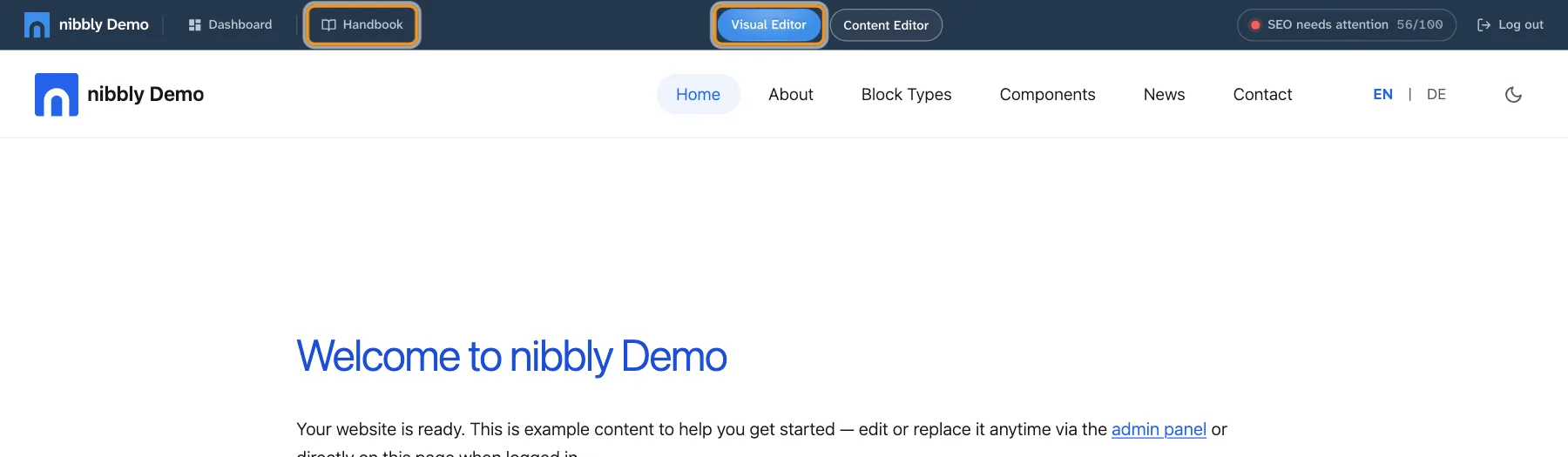 Home page with the bar for signed-in users; Visual Editor and Handbook are marked