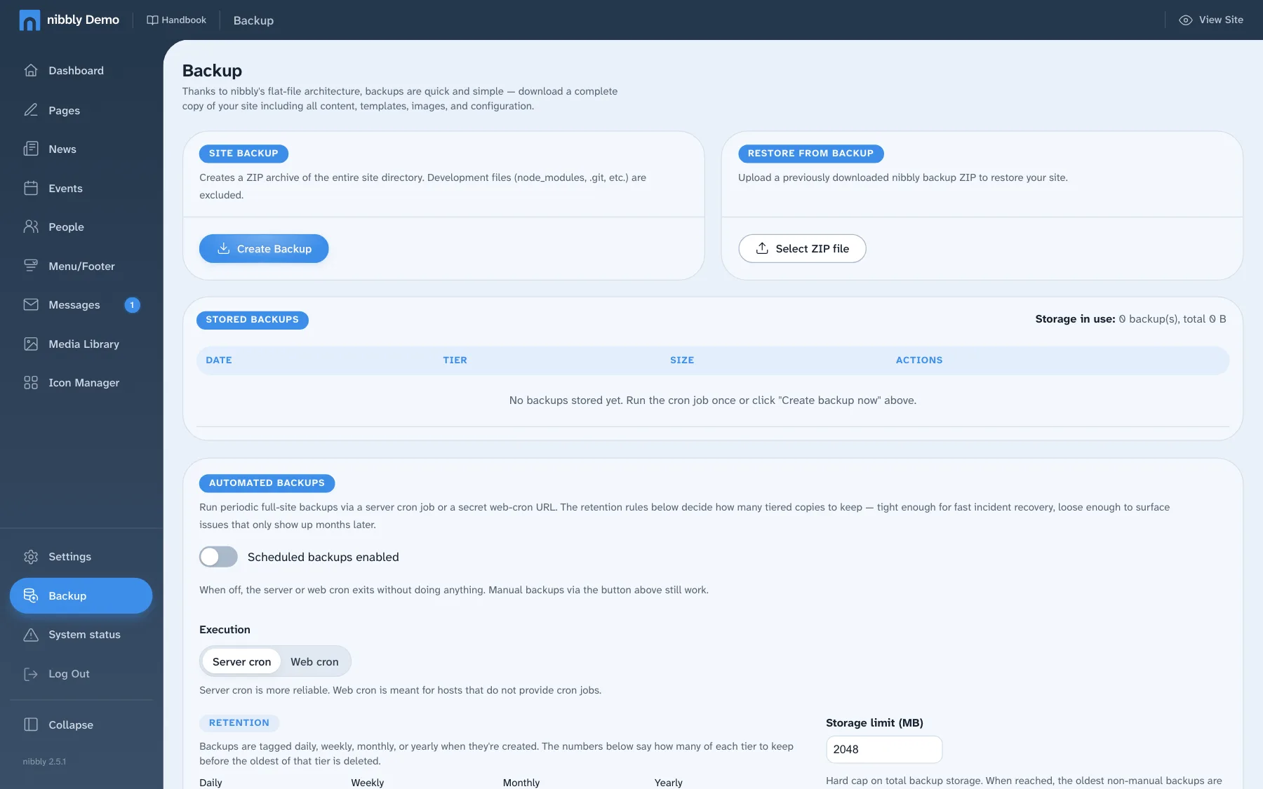 Backup area with Create Backup, restore and stored backups