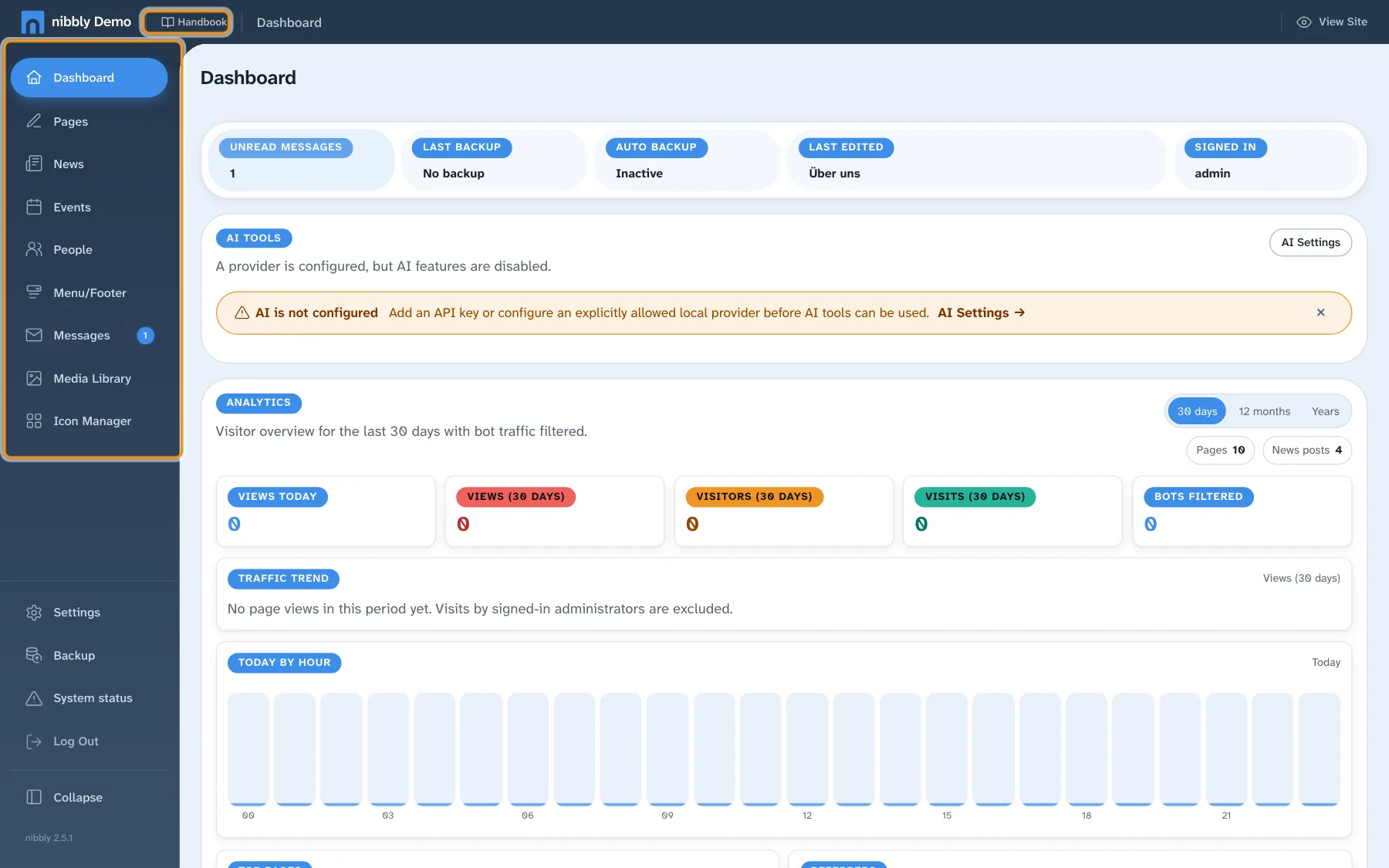 Dashboard with the sidebar and the link to the handbook