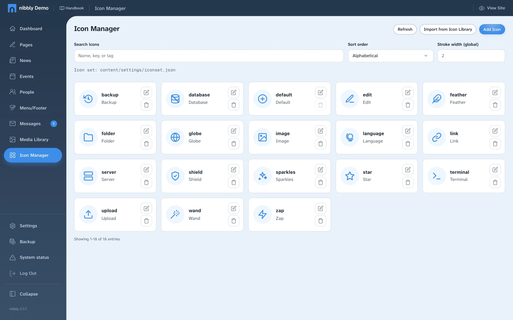 Icon Manager with search field, sorting, global stroke width and a grid of icons