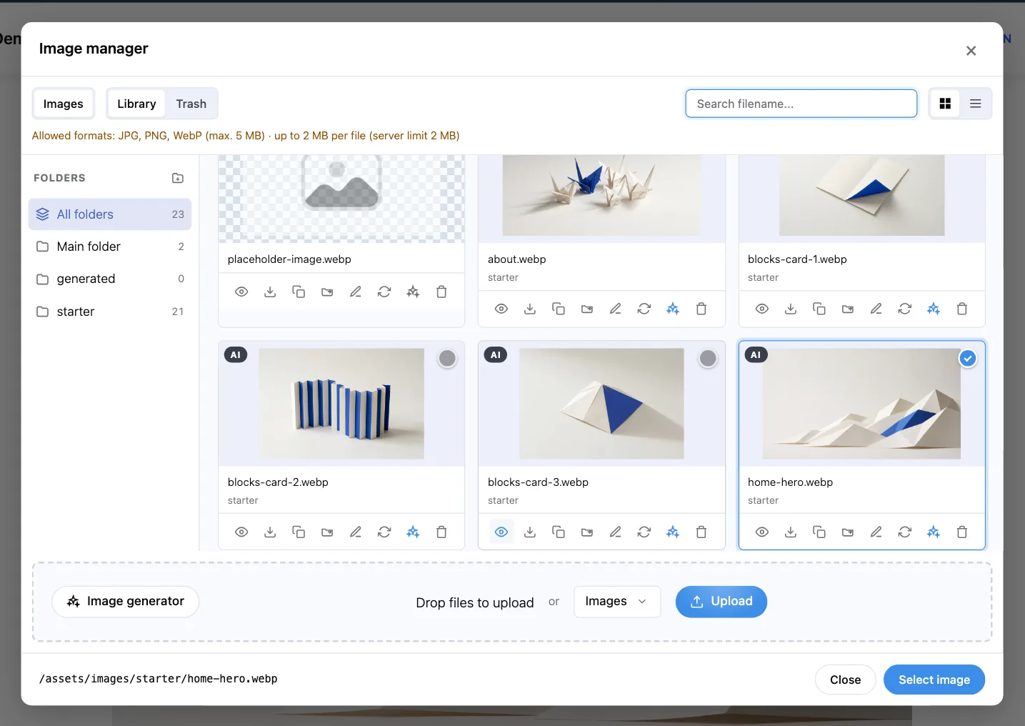 Image manager with folders on the left, image previews and the upload area at the bottom