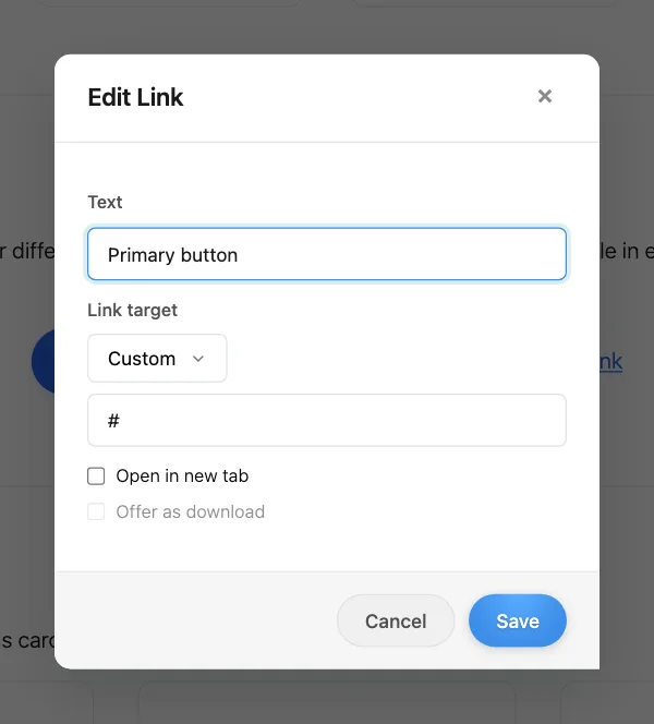 The Edit Link window with text, link target, address and the options Open in new tab and Offer as download