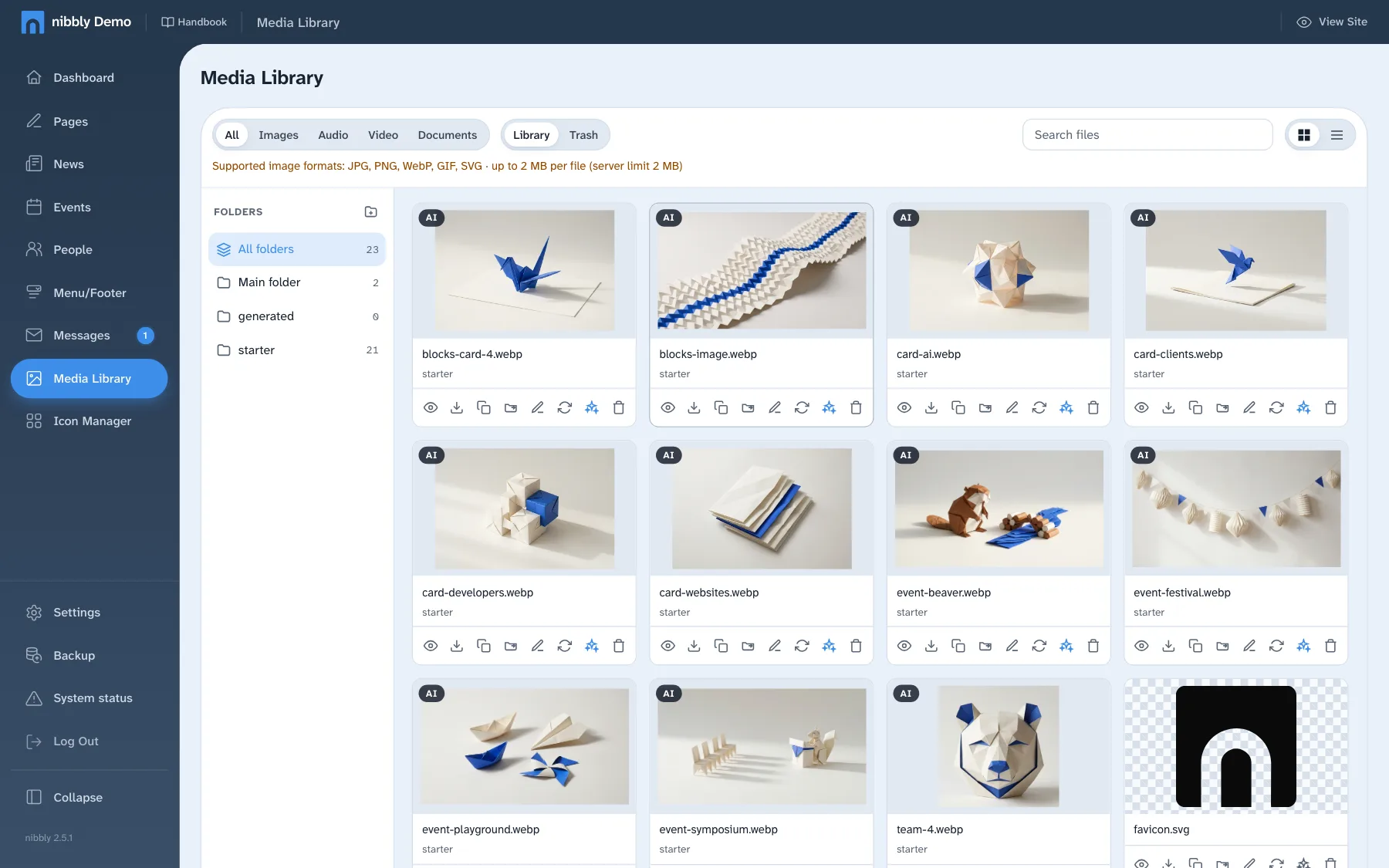 The Media Library in the dashboard with file type filter, folders and files