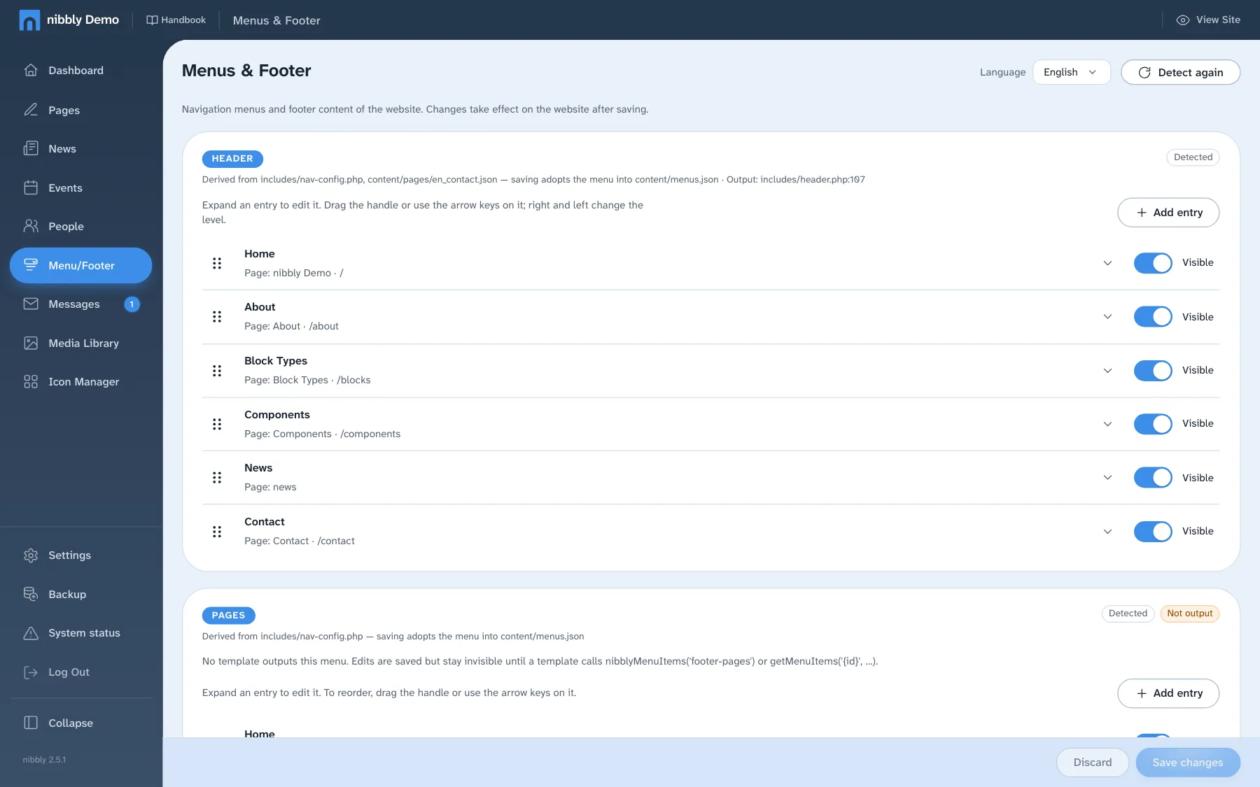 Menus and footer with the main navigation and its entries