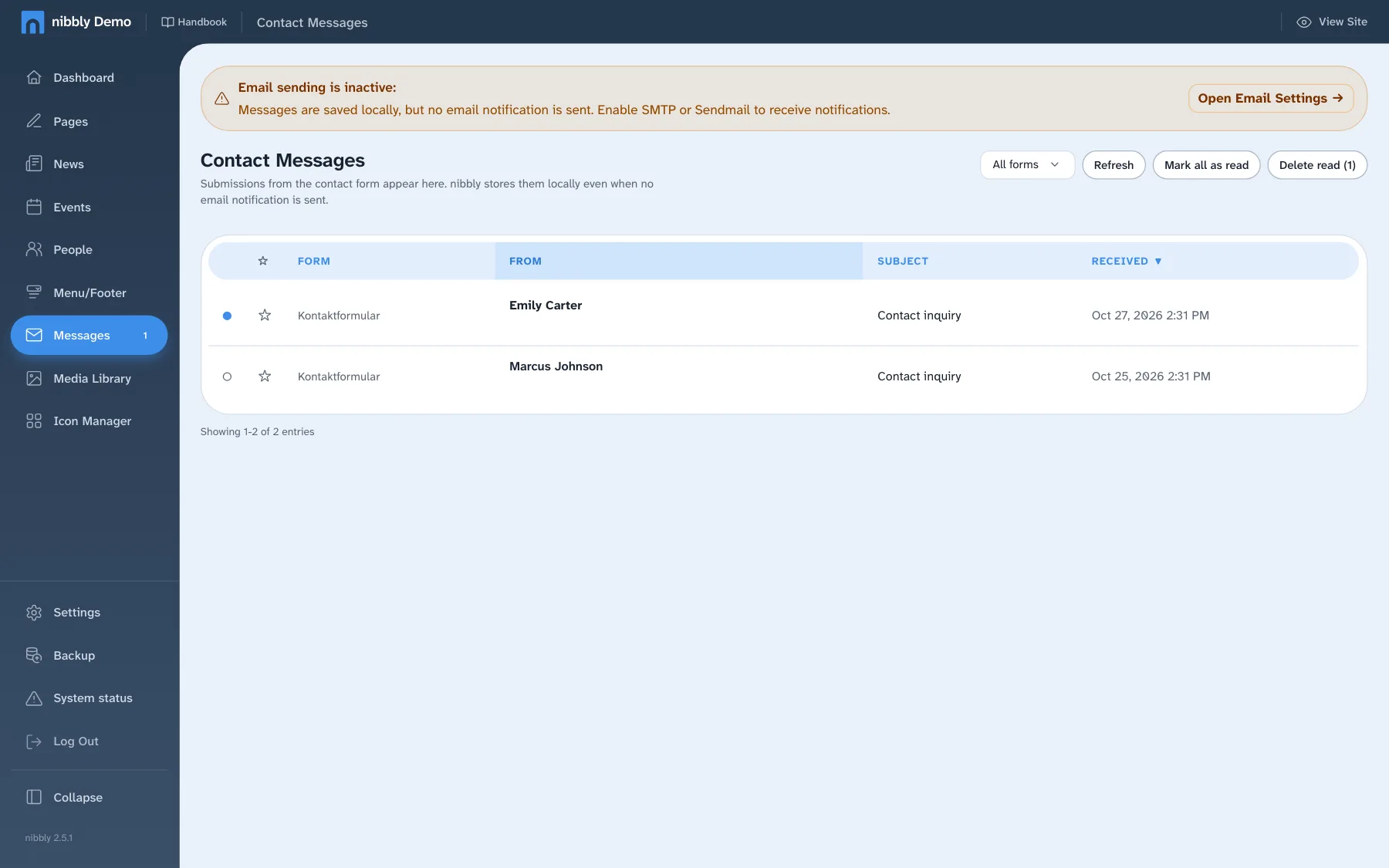 List of contact messages with sender, subject and date received