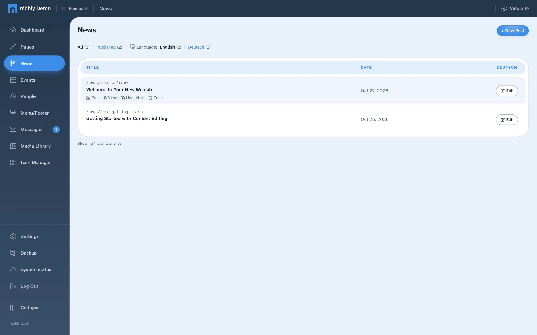 News list with title, date and status of the posts