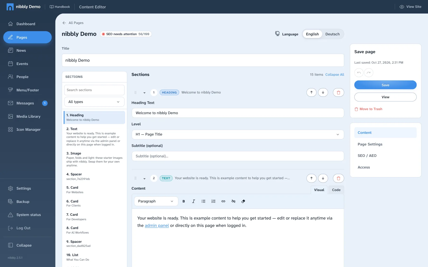 Content Editor of the home page with title, text field and page actions