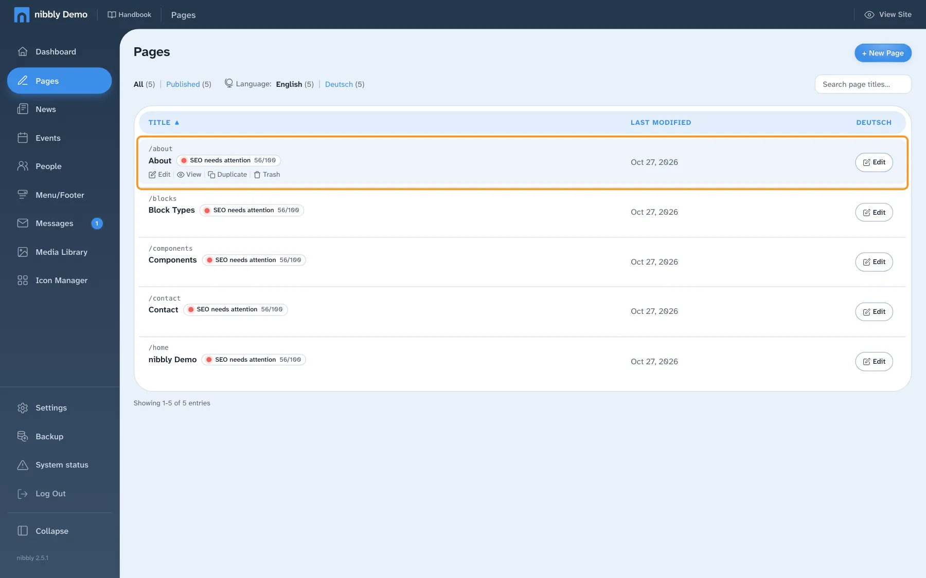 Page list with title, address, SEO rating and date of change; one row is marked