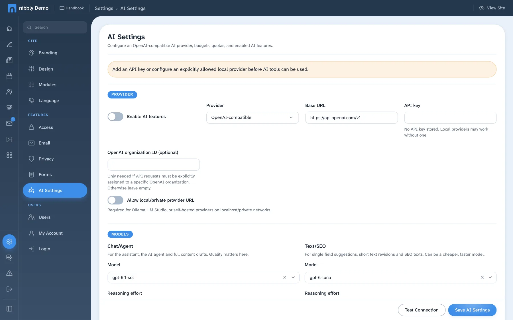 AI settings with provider, API key, features and limits