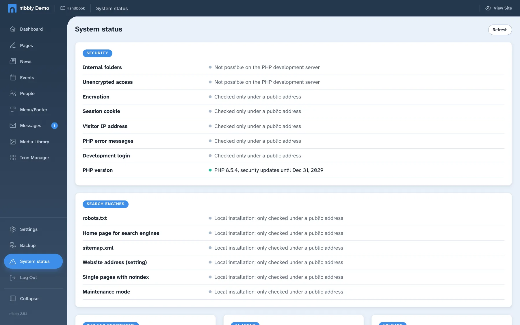 System status with the areas security, search engines, PHP, storage and uploads