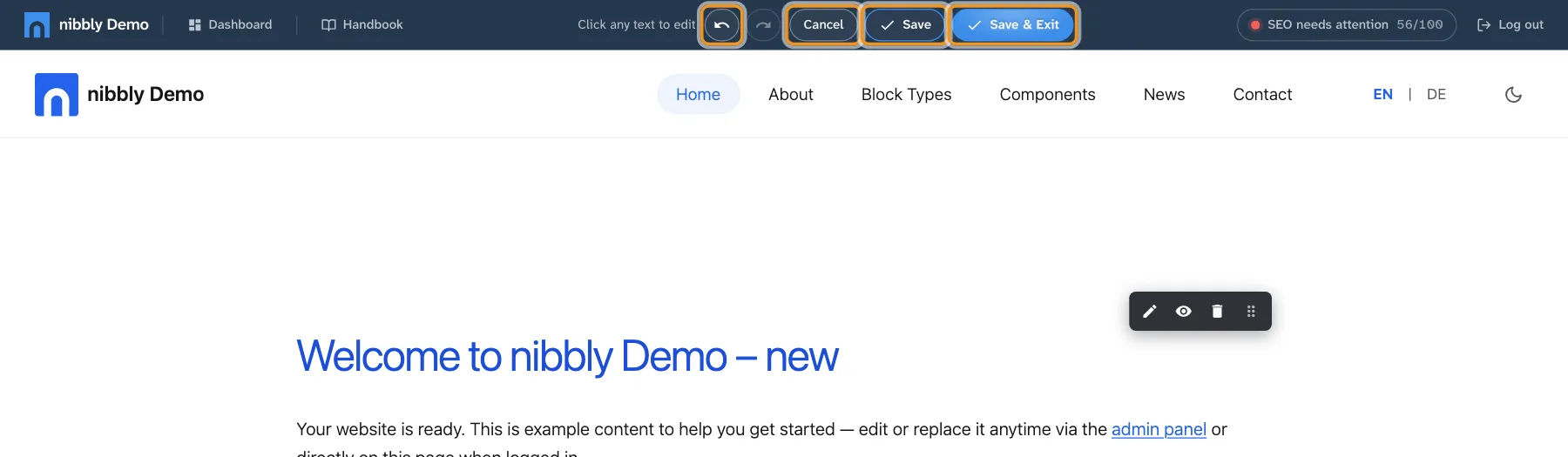 The bar in edit mode after a change; Undo, Cancel and the save buttons are marked
