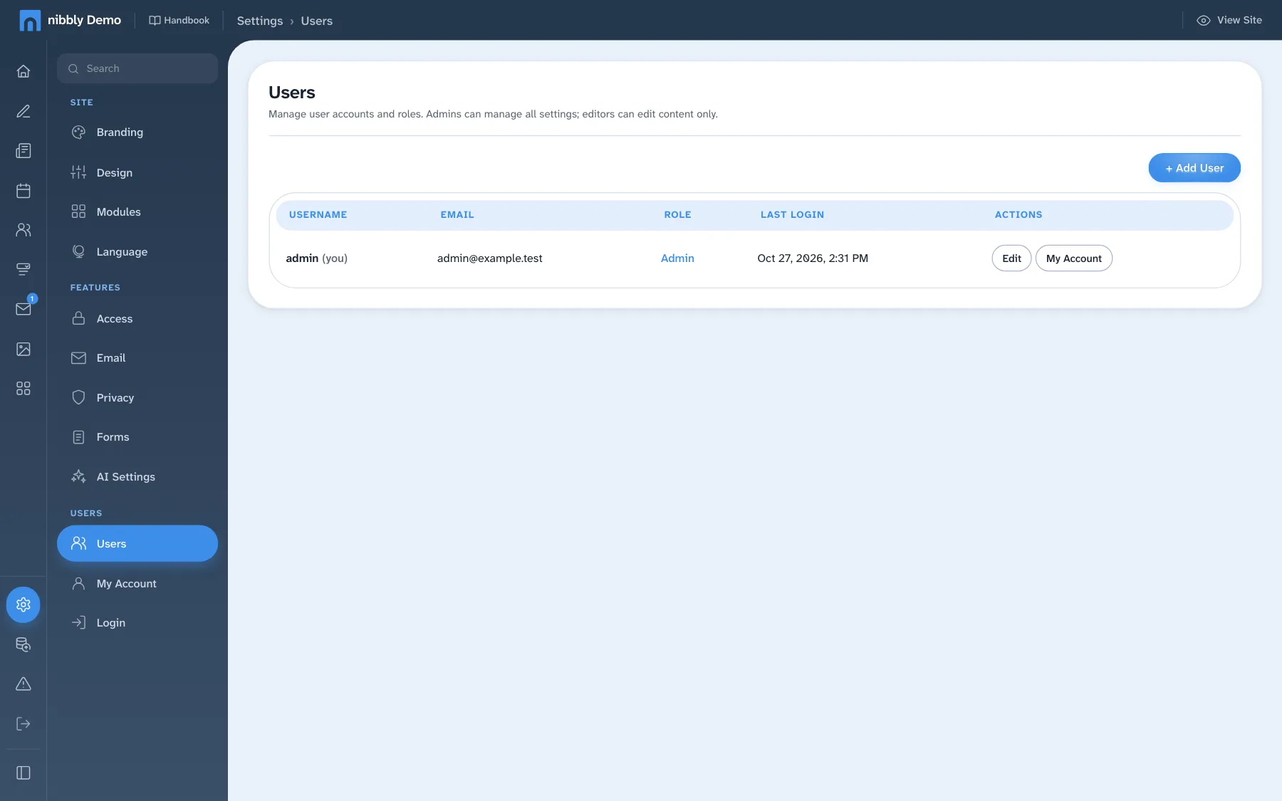 Settings, Users area, with the list of accounts